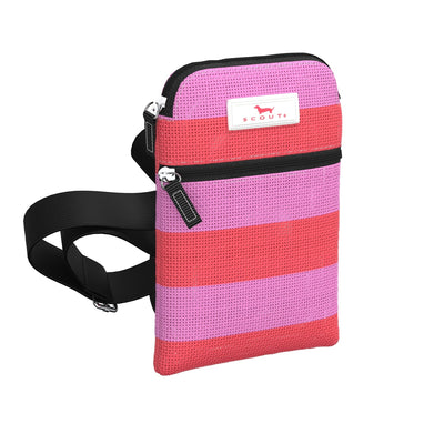 SCOUT Poly Pocket crossbody in Bubblegum and Watermelon with breathable fabric, dual zip pockets, and adjustable strap.