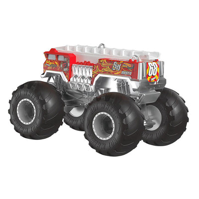 Hallmark Keepsake Hot Wheels HW 5-Alarm Monster Truck ornament, candy-apple red fire truck with big wheels, Christmas decor for kids.