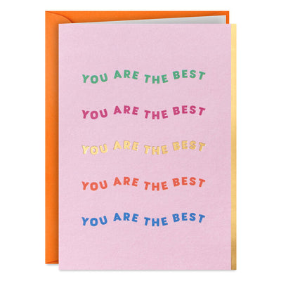 Set of 5 Hallmark mini blank cards featuring “You Are the Best” in colorful, wavy script on light pink with gold foil accents and bright envelopes.
