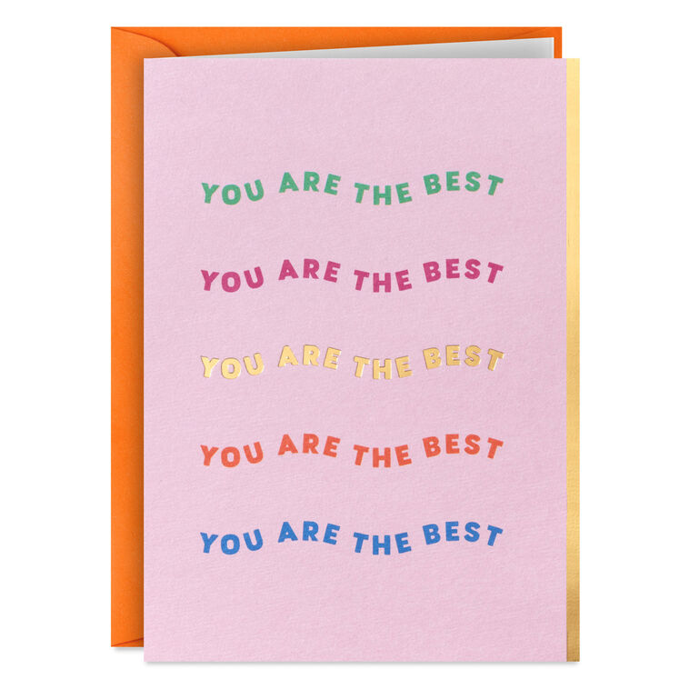 Set of 5 Hallmark mini blank cards featuring “You Are the Best” in colorful, wavy script on light pink with gold foil accents and bright envelopes.
