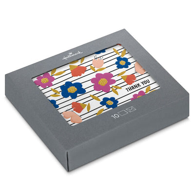 Thank you cards with bold poppies, butterflies, and black stripes on white background, includes 10 blank cards and pink-lined envelopes