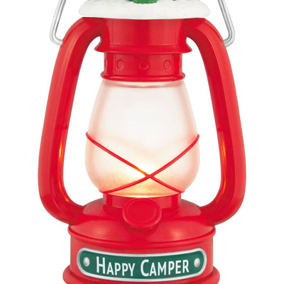 Vintage red lantern ornament topped with red and green tent, retro camping holiday decor

