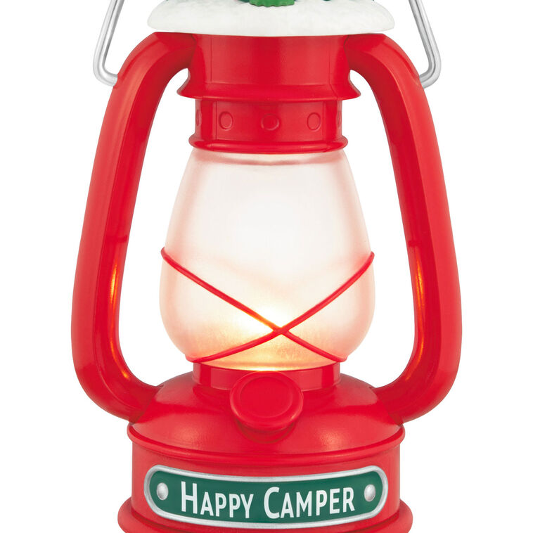 Vintage red lantern ornament topped with red and green tent, retro camping holiday decor

