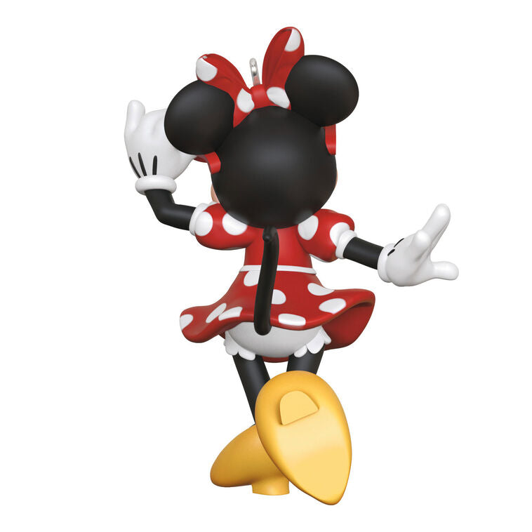 Hallmark Keepsake Disney Minnie Mouse Sunny Chic ornament featuring Minnie in a red polka dot dress, bow, and sunglasses, 2025 holiday collection.