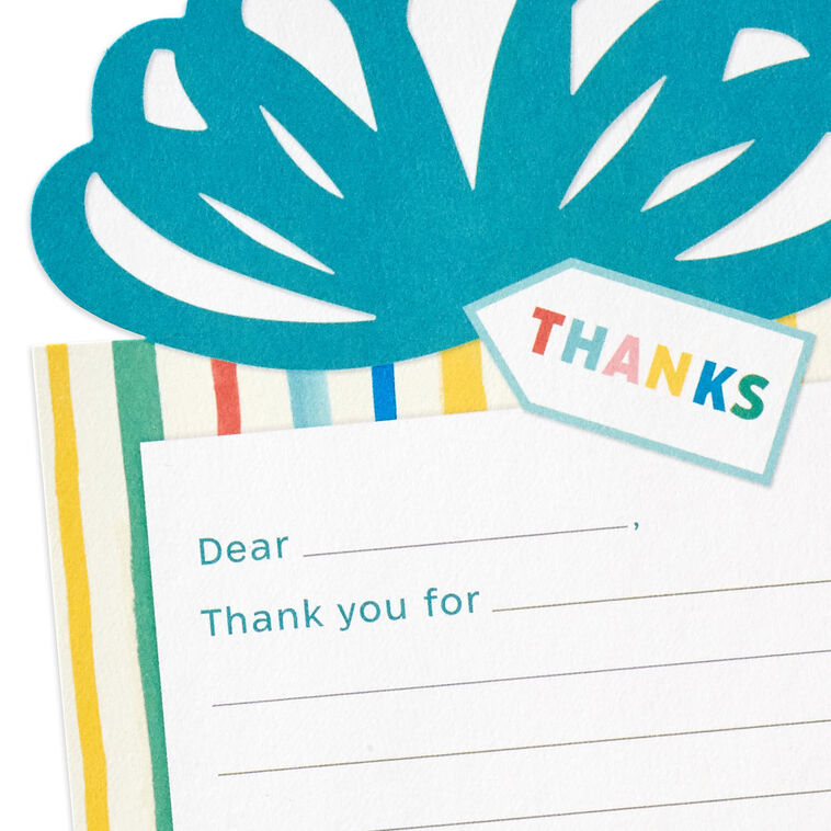 Prompted thank you cards shaped like a gift with teal bow and rainbow stripes; flat cards for kids with envelopes, pack of 10
