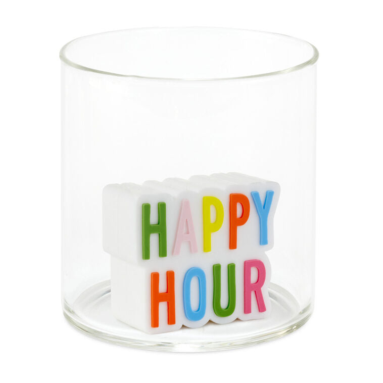 Colorful silicone drink charm with "Happy Hour" lettering, fits inside Charmers stemless contour or drinking glasses.