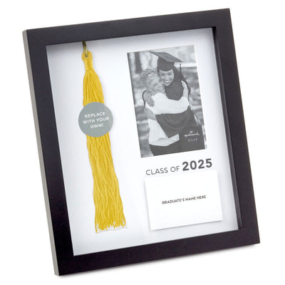 Black shadow box frame for displaying graduation tassel, featuring a "Class of 2025" caption, space for a photo, and a name card at the bottom—perfect for grads.

