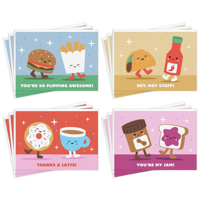 Colorful food pun note cards featuring duos like taco and hot sauce, peanut butter and jelly, and donut and coffee.
