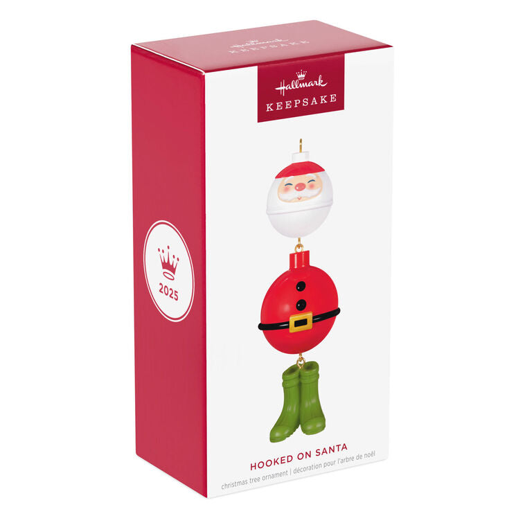Christmas ornament with fishing bobbers shaped like Santa, wearing green wading boots, perfect for fishing enthusiasts

