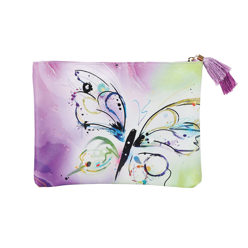 Colorful butterfly pouch by Izzy and Oliver from Enesco, vibrant cosmetic bag with Connie Haley’s cheerful Color Splash design