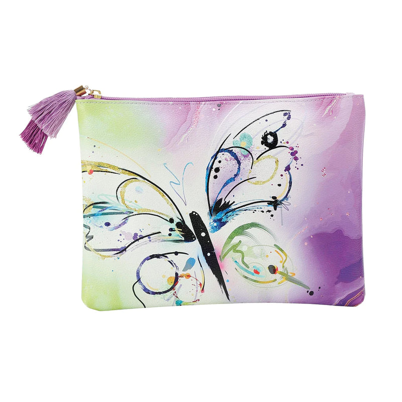 Colorful butterfly pouch by Izzy and Oliver from Enesco, vibrant cosmetic bag with Connie Haley’s cheerful Color Splash design