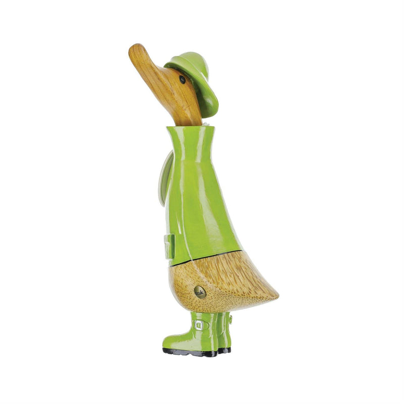 Enesco DCUK Rainy Day Ducklings in handmade glossy boots and hats, hand-carved from bamboo root with unique flower details.