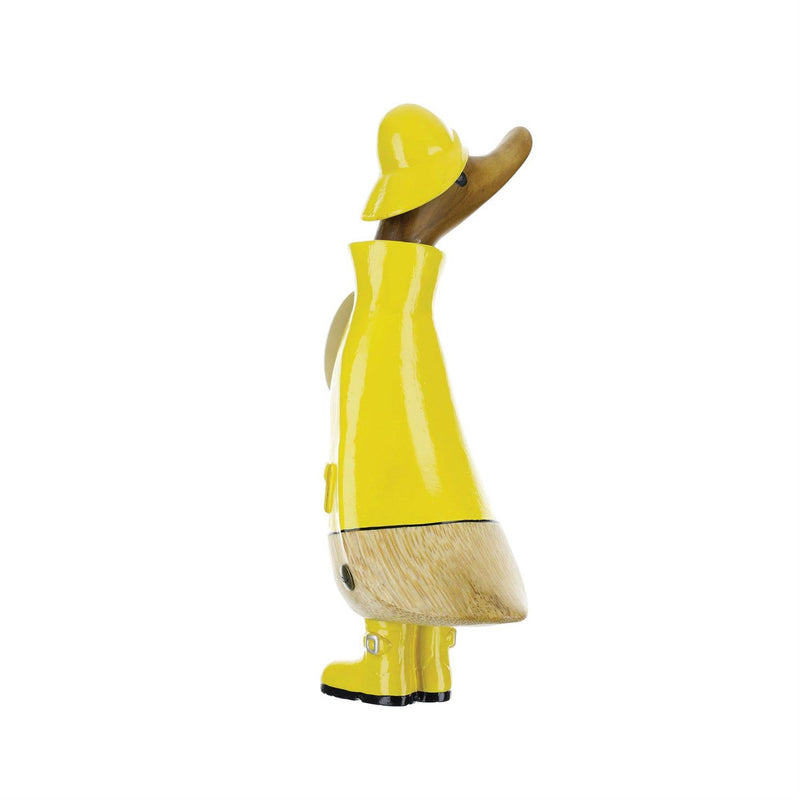 Enesco DCUK Rainy Day Ducklings in handmade glossy boots and hats, hand-carved from bamboo root with unique flower details.