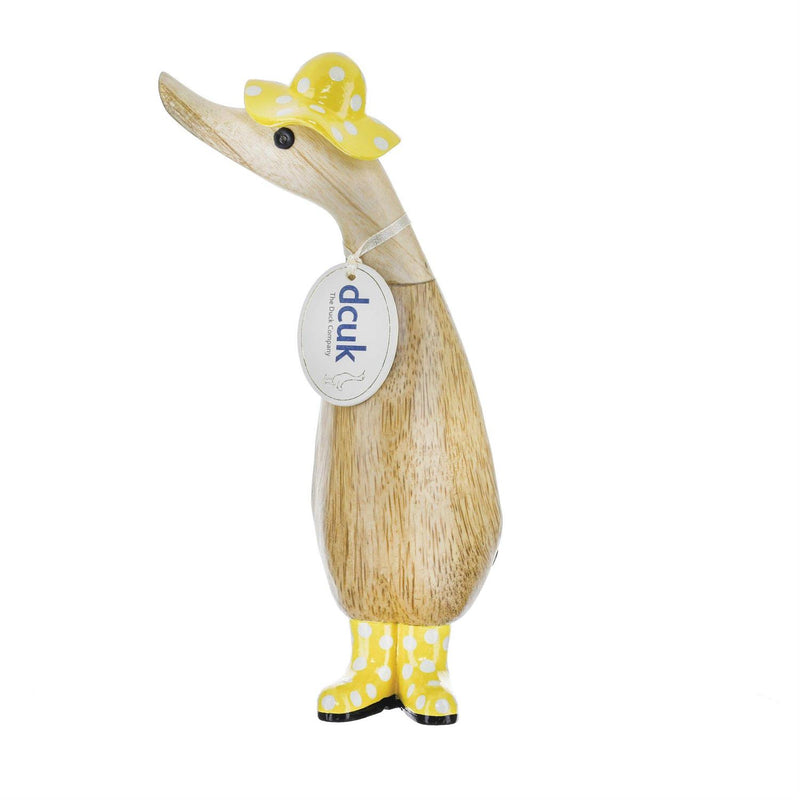 Enesco DCUK Spot Hat & Boots Duckling, hand-carved bamboo duck with polka-dot hat and boots, painted floral accents, each one unique.