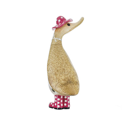 Enesco DCUK Spot Hat & Boots Duckling, hand-carved bamboo duck with polka-dot hat and boots, painted floral accents, each one unique.