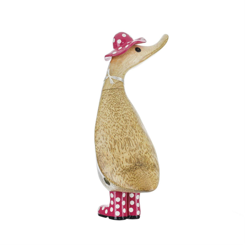 Enesco DCUK Spot Hat & Boots Duckling, hand-carved bamboo duck with polka-dot hat and boots, painted floral accents, each one unique.