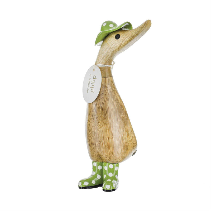 Enesco DCUK Spot Hat & Boots Duckling, hand-carved bamboo duck with polka-dot hat and boots, painted floral accents, each one unique.