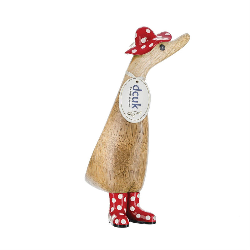 Enesco DCUK Spot Hat & Boots Duckling, hand-carved bamboo duck with polka-dot hat and boots, painted floral accents, each one unique.