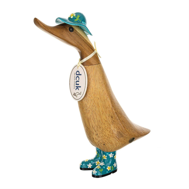 Enesco DCUK Floral Hat and Boots Ducklings, hand-carved bamboo ducks with flower-detailed hats and glossy boots, each one uniquely handmade.