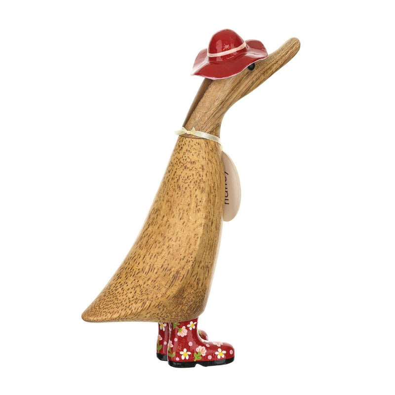 Enesco DCUK Floral Hat and Boots Ducklings, hand-carved bamboo ducks with flower-detailed hats and glossy boots, each one uniquely handmade.