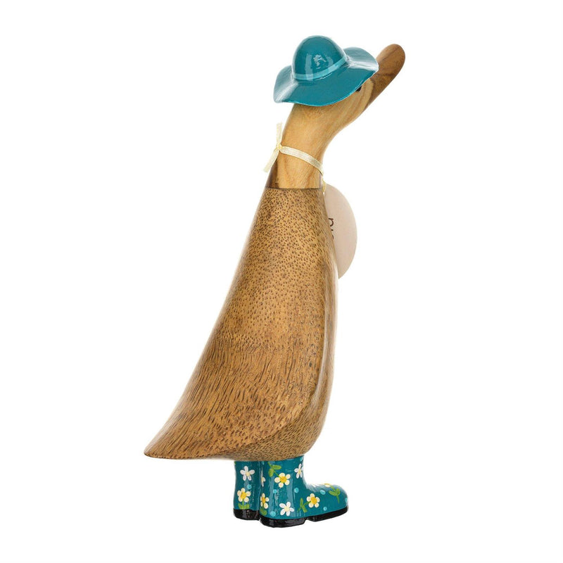Enesco DCUK Floral Hat and Boots Ducklings, hand-carved bamboo ducks with flower-detailed hats and glossy boots, each one uniquely handmade.