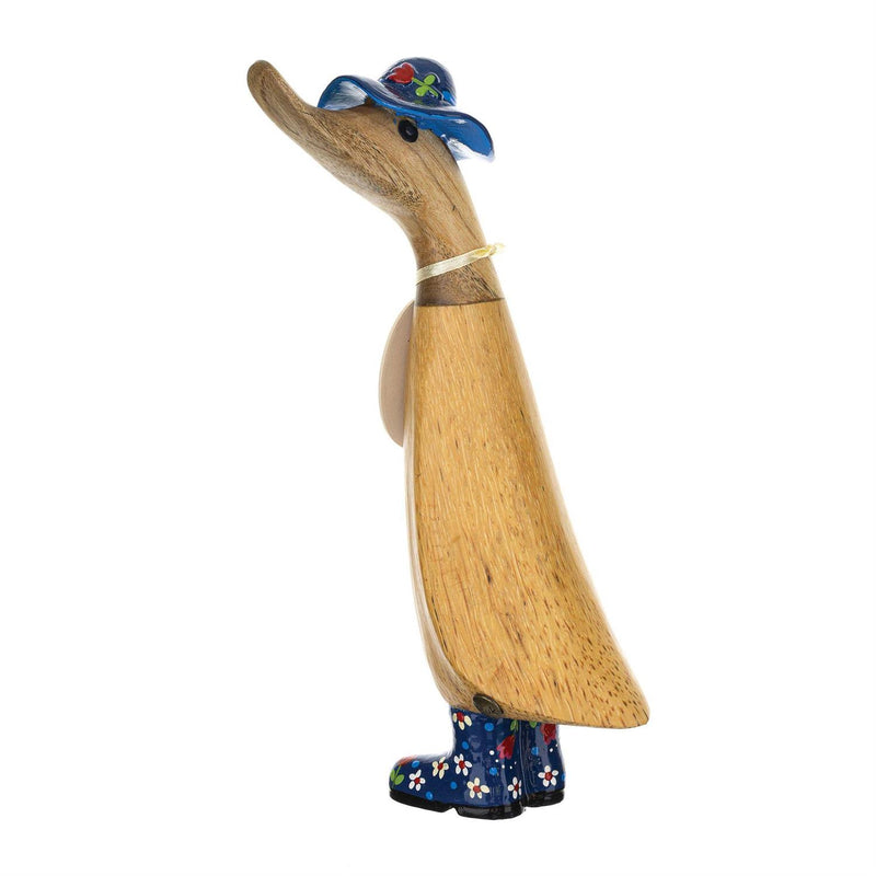 Enesco DCUK Floral Hat and Boots Ducklings, hand-carved bamboo ducks with flower-detailed hats and glossy boots, each one uniquely handmade.