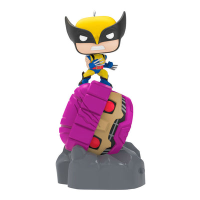 Wolverine Funko POP ornament, Marvel X-Men, defeating Sentinel, light-up eyes, Hallmark Keepsake, Christmas tree decoration.