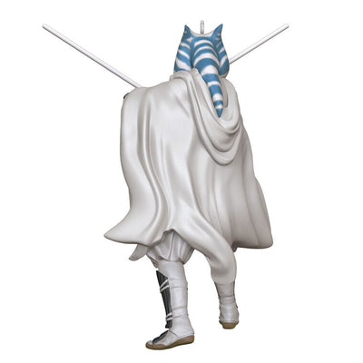 Ahsoka Tano ornament in gray cloak with dual white lightsabers drawn, posed for battle as seen in Star Wars: Ahsoka.