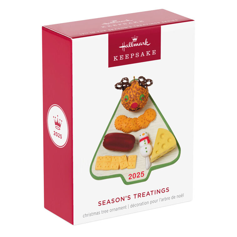 Hallmark Keepsake Season’s Treatings 2025 ornament—tree-shaped charcuterie board with cheeses, meat, crackers, snowman knife, and reindeer cheese ball
