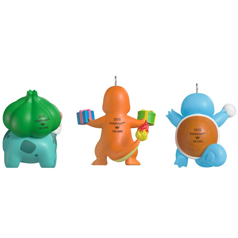 Hallmark Keepsake Mini Pokémon ornaments set—Squirtle, Charmander, Bulbasaur in holiday outfits, with gifts, snowball, and stocking cap, set of three