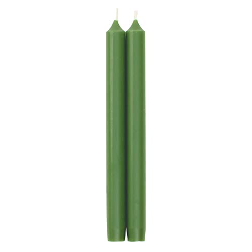 Caspari 10-inch leaf green taper candles, set of two; smokeless, dripless, and crafted with a paraffin-palm wax blend for a clean, elegant burn.