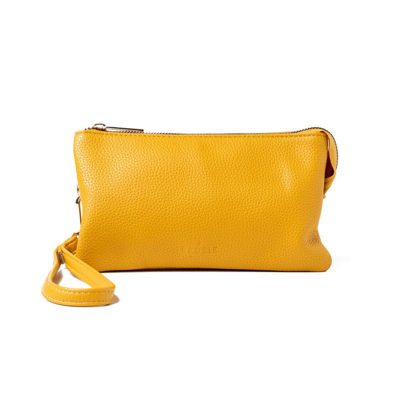 Yellow Kedzie Eclipse Crossbody with three zip compartments, card slots, key leash, and wristlet strap.

