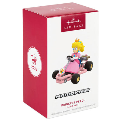 Princess Peach from Mario Kart drives a pink go-kart, wheels turning, Hallmark Keepsake Christmas ornament inspired by the Nintendo video game.