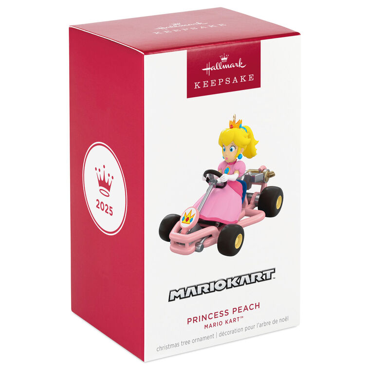 Princess Peach from Mario Kart drives a pink go-kart, wheels turning, Hallmark Keepsake Christmas ornament inspired by the Nintendo video game.