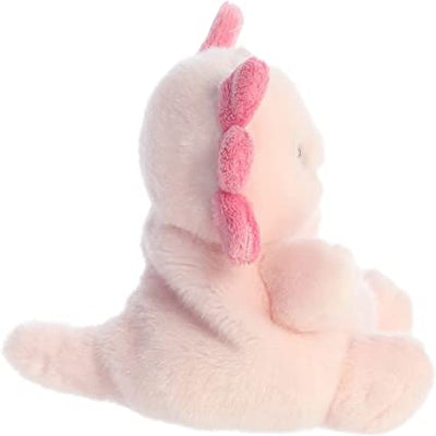 Pink plush axolotl with feathery gills and black eyes