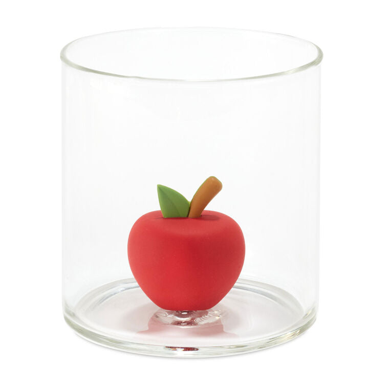 Clear plastic drinking glass with a center post for holding silicone charms; holds 15.5 oz and is dishwasher safe.