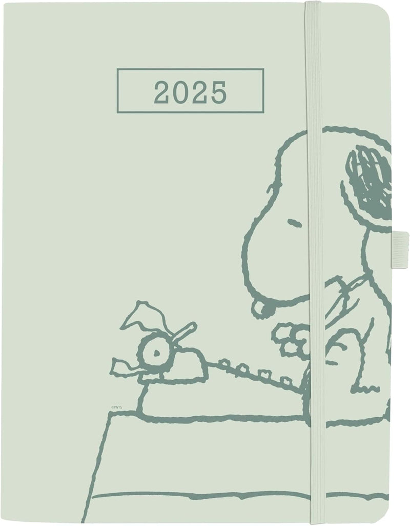 Graphique sage green vegan leather planner with elastic closure, 6 x 8 size, and Peanuts Typewriter design on the cover.

