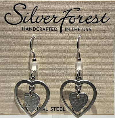 Silver Forest heart in open heart pierced earrings with pearlessence white bead and surgical steel ear wires, handcrafted in the USA.