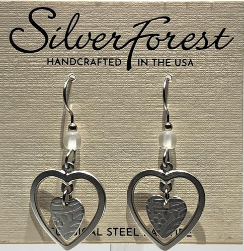 Silver Forest heart in open heart pierced earrings with pearlessence white bead and surgical steel ear wires, handcrafted in the USA.