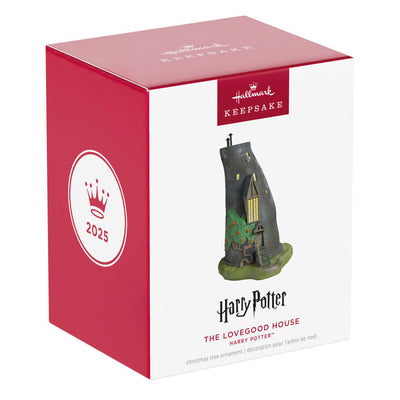 Lovegood House ornament, Harry Potter, tall brown magical home, windows, greenery, Hallmark Keepsake, Christmas tree decoration.