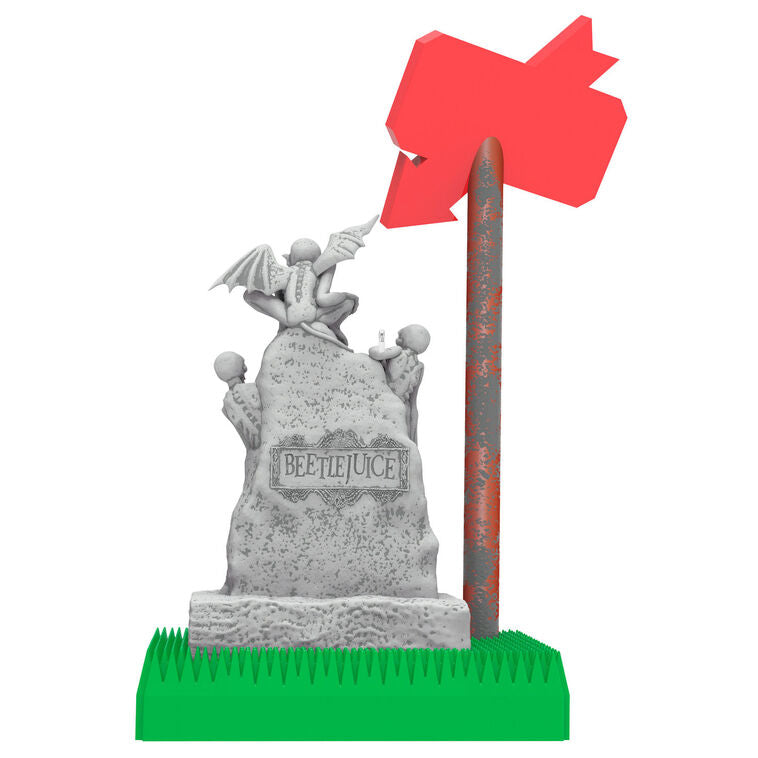 Beetlejuice ornament, grave headstone with marquee sign, Hallmark Keepsake, light-up feature, Christmas tree decoration, horror-comedy collectible.
