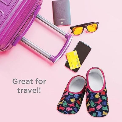 Pink fuzzy Snoozies slides with non-slip sole, cozy indoor slipper sandals for women.