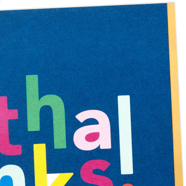 Multicolor “thanks” lettering on blue background thank-you cards with gold foil accents.
