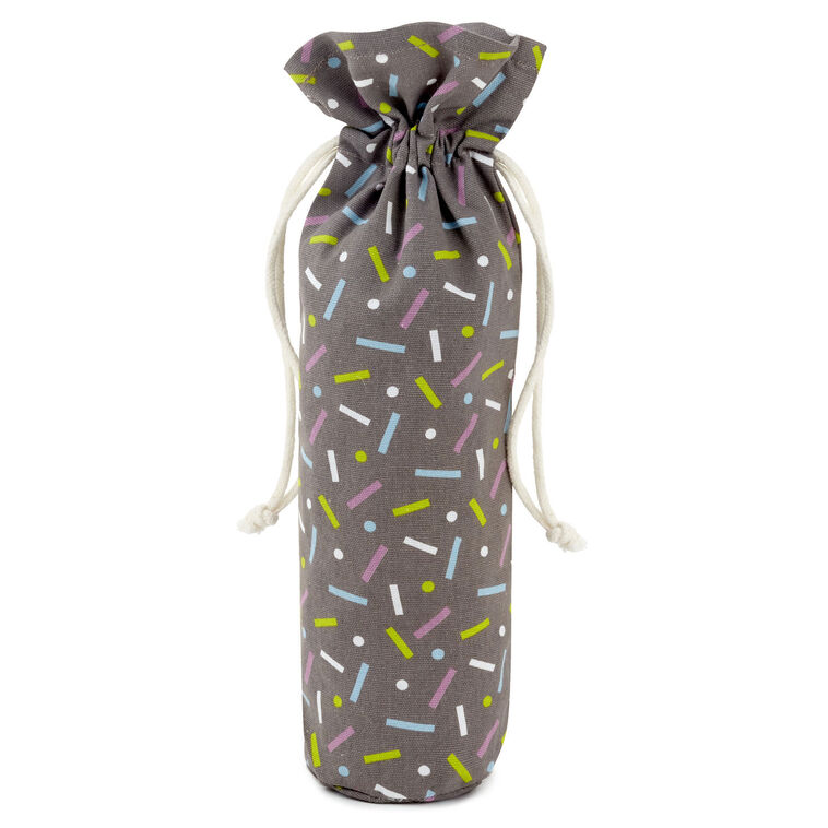 Hallmark 14-inch black fabric wine gift bag with colorful confetti print and drawstring
