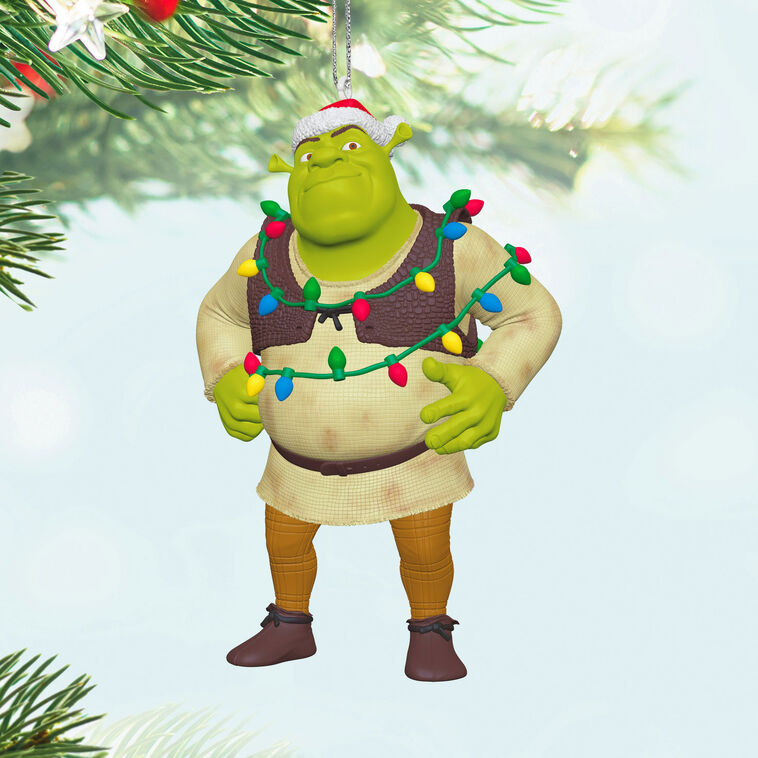 Shrek ornament with Santa hat and tangled Christmas lights around his chest and arms