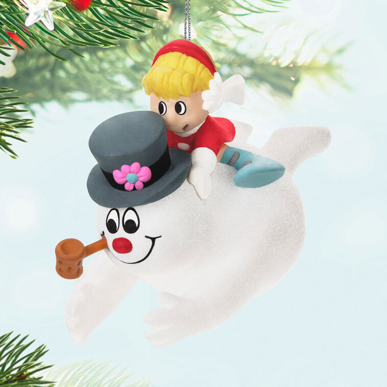 Frosty the Snowman ornament by Hallmark Keepsake featuring Frosty sliding down a snowy hill with Karen on his back from the classic holiday special.