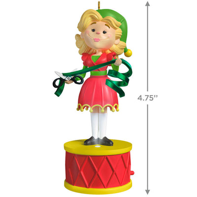 Jovie ornament, Elf movie character in red dress with green scarf, Hallmark Keepsake, Christmas tree decoration, light and sound feature.