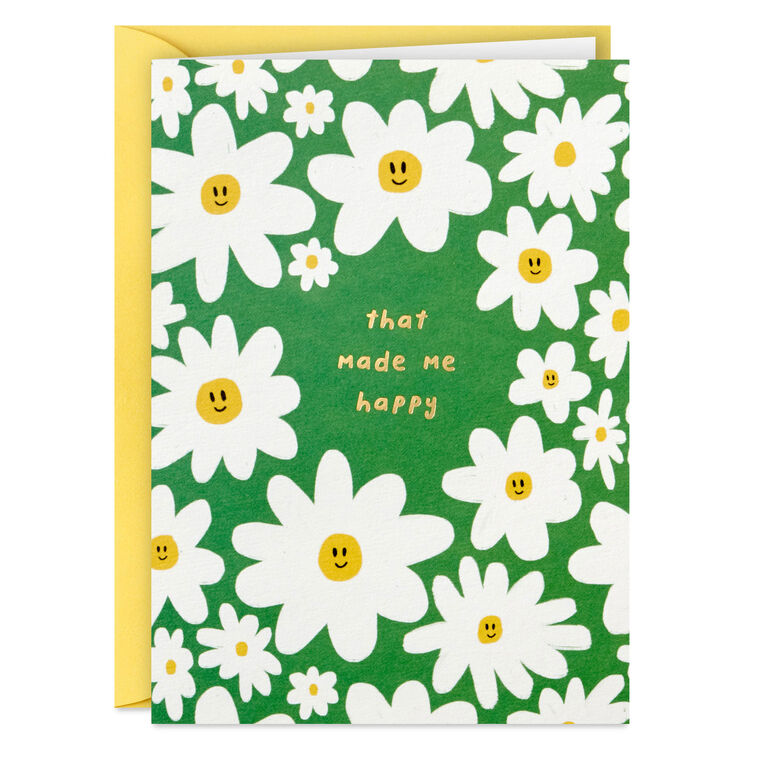Green thank-you cards with white daisies and yellow smiley centers in a gray box with matching envelopes, pack of 10
