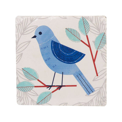 A set of four white resin coasters with blue and yellow birds perched on leafy branches in vibrant colors