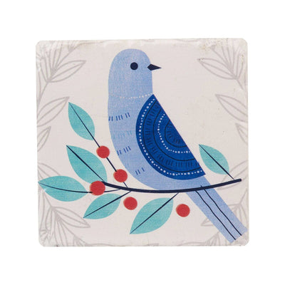 A set of four white resin coasters with blue and yellow birds perched on leafy branches in vibrant colors